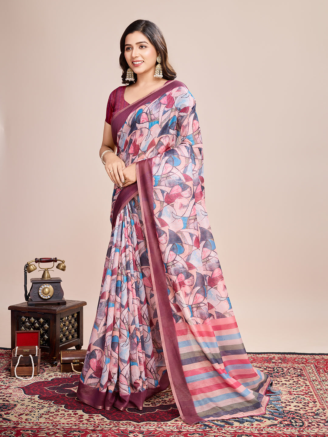 Vedant Vastram Linen Printed Bollywood Saree - Pink - Distacart
