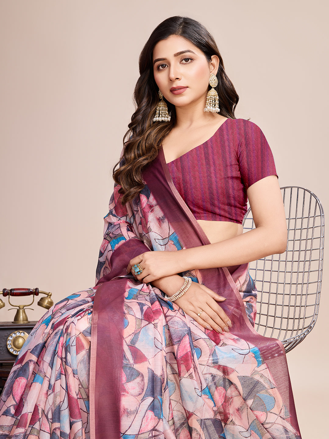 Vedant Vastram Linen Printed Bollywood Saree - Pink - Distacart