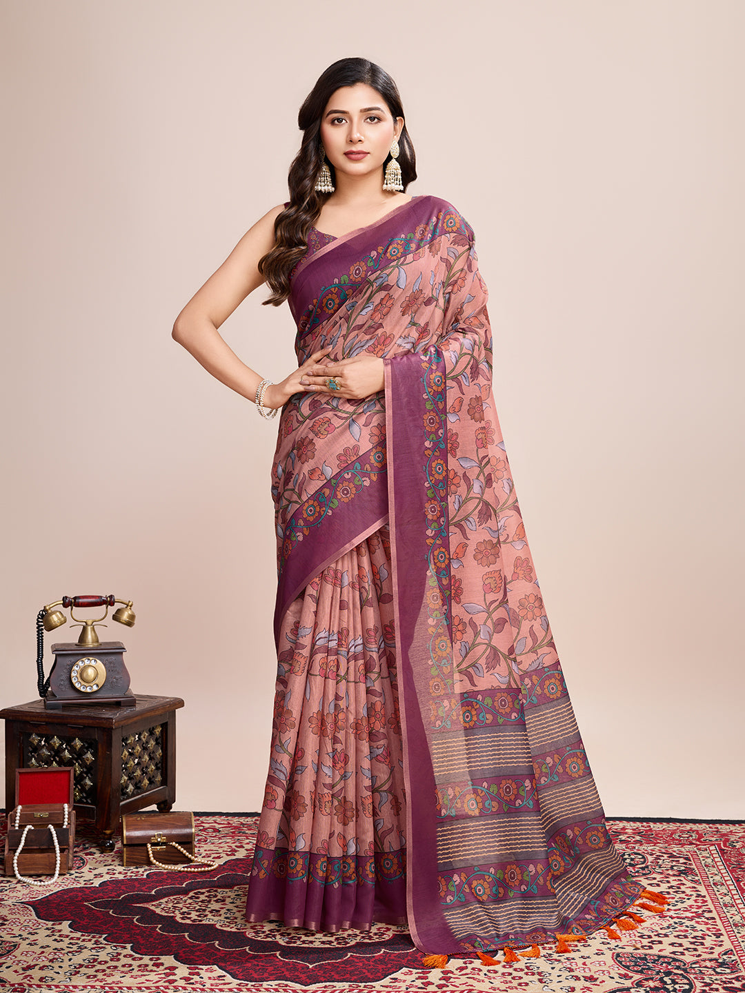 Vedant Vastram Linen Printed Bollywood Saree - Purple - Distacart