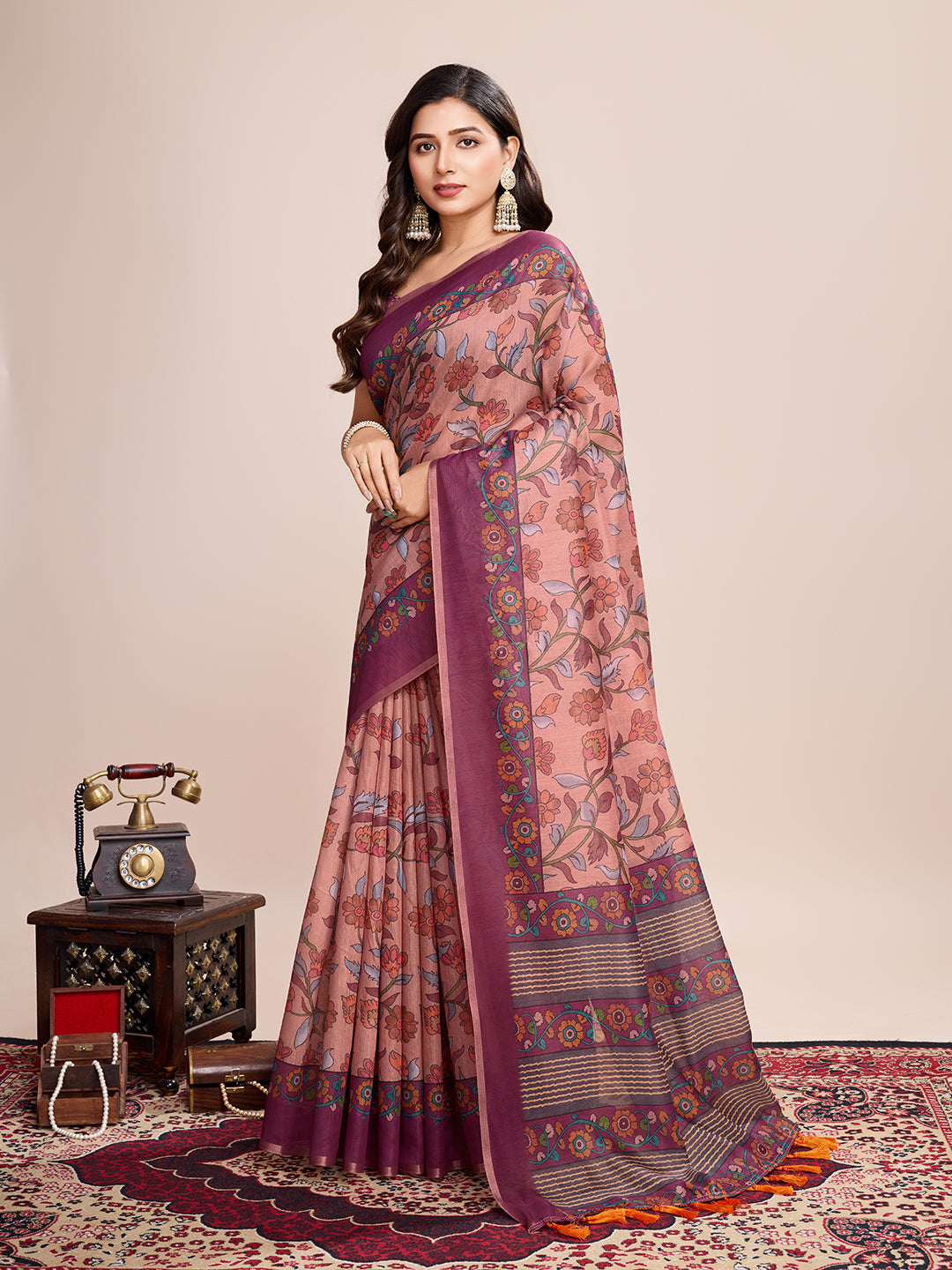 Vedant Vastram Linen Printed Bollywood Saree - Purple - Distacart