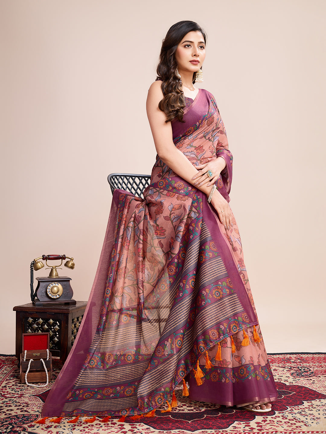 Vedant Vastram Linen Printed Bollywood Saree - Purple - Distacart