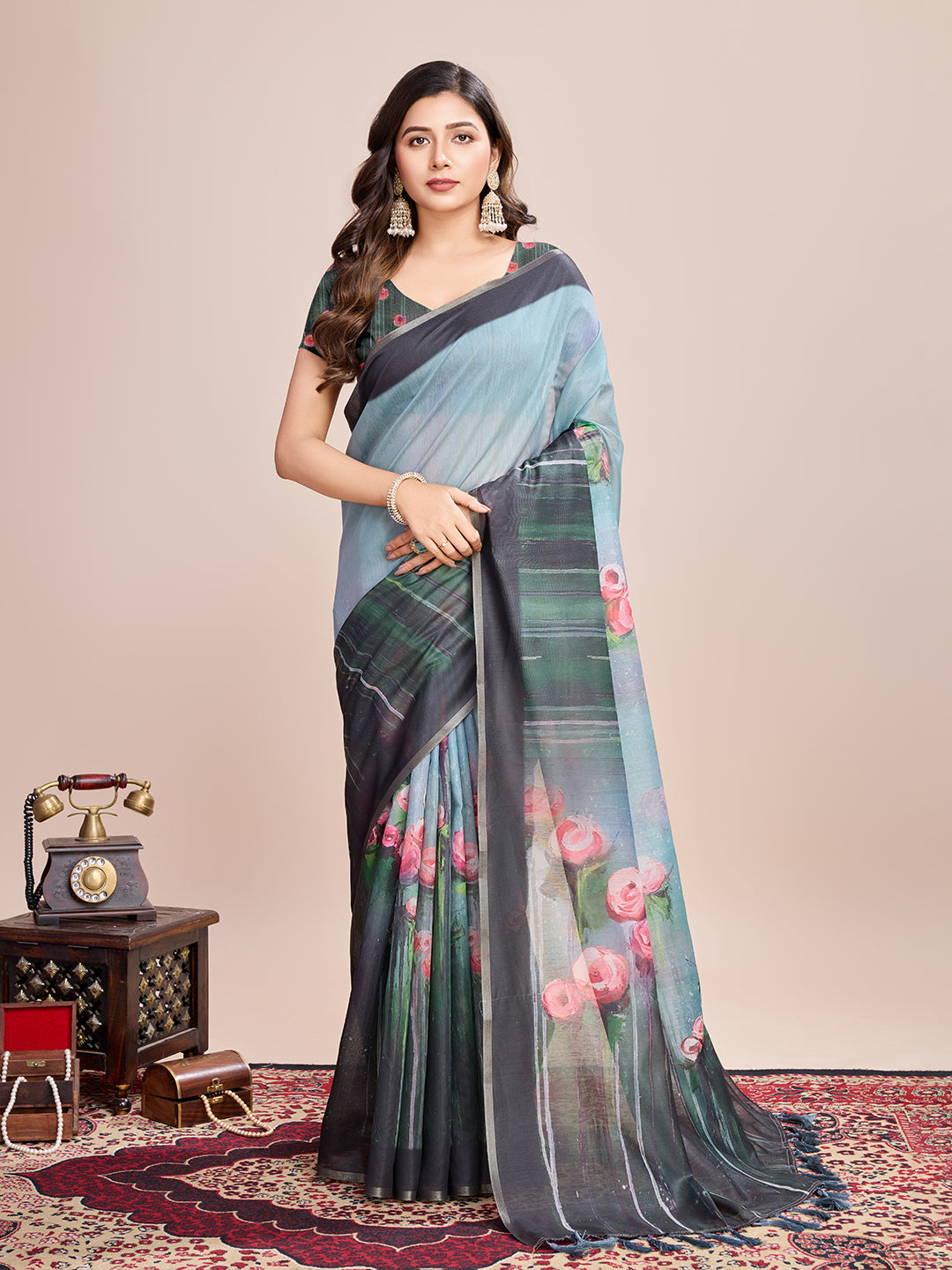 Vedant Vastram Linen Printed Bollywood Saree - Rama - Distacart