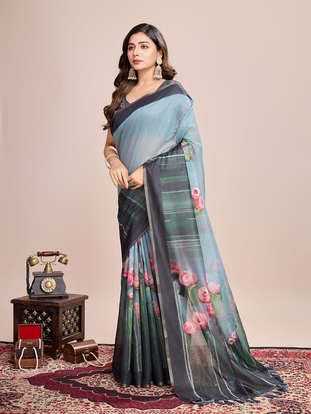 Vedant Vastram Linen Printed Bollywood Saree - Rama - Distacart