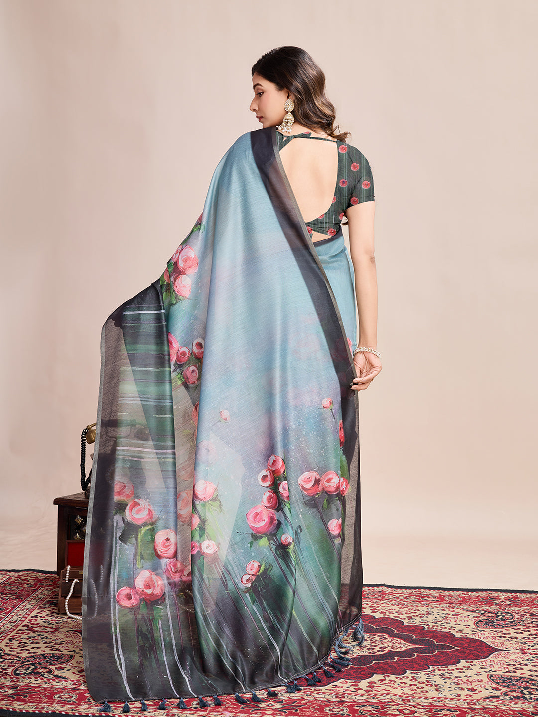 Vedant Vastram Linen Printed Bollywood Saree - Rama - Distacart