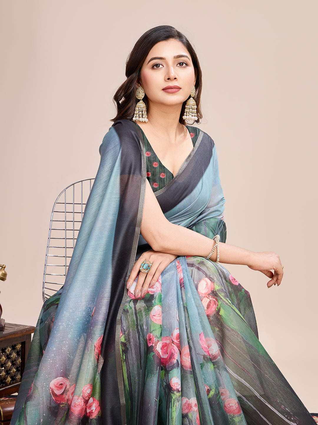 Vedant Vastram Linen Printed Bollywood Saree - Rama - Distacart