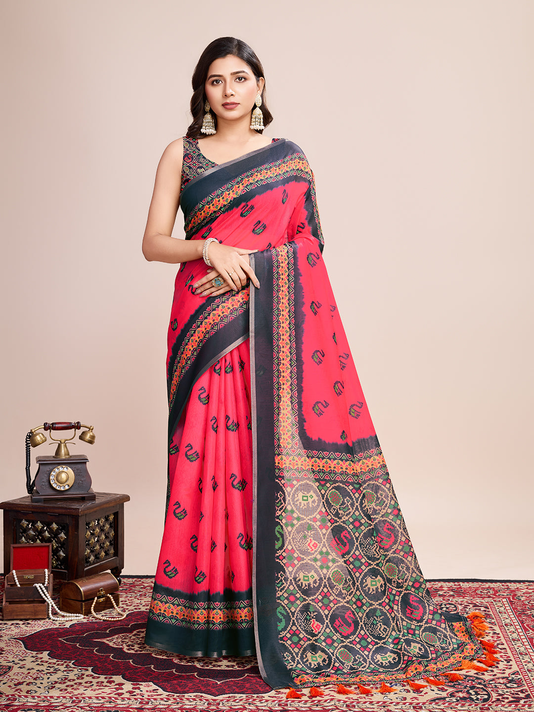 Vedant Vastram Linen Printed Bollywood Saree - Rani - Distacart