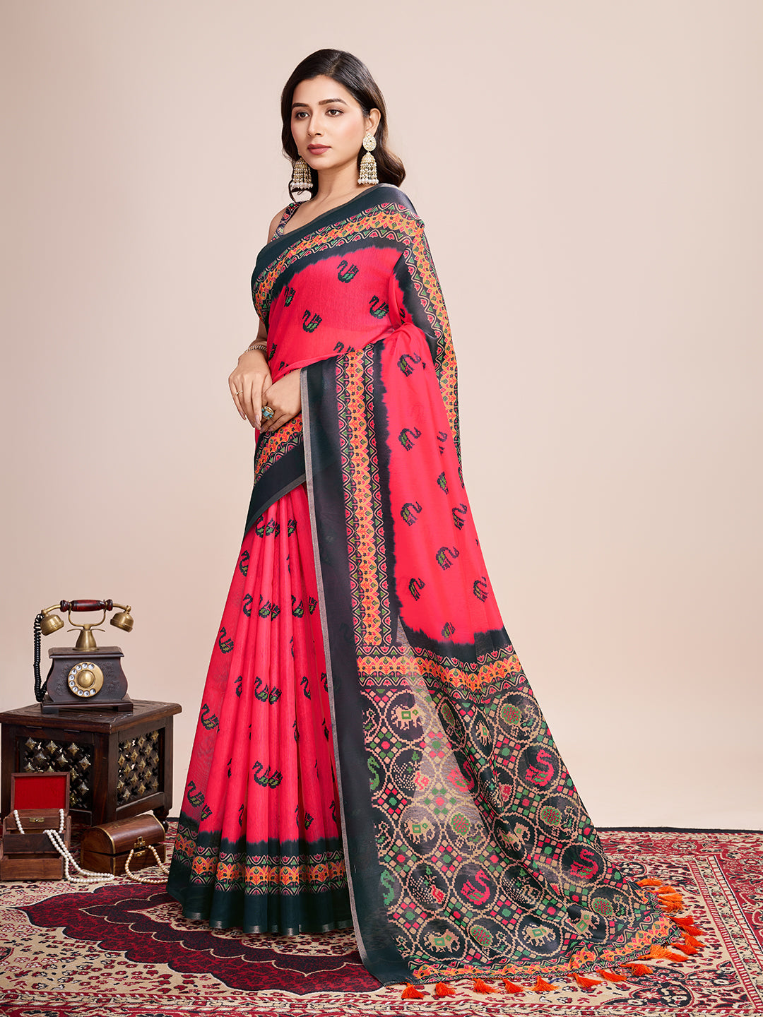 Vedant Vastram Linen Printed Bollywood Saree - Rani - Distacart