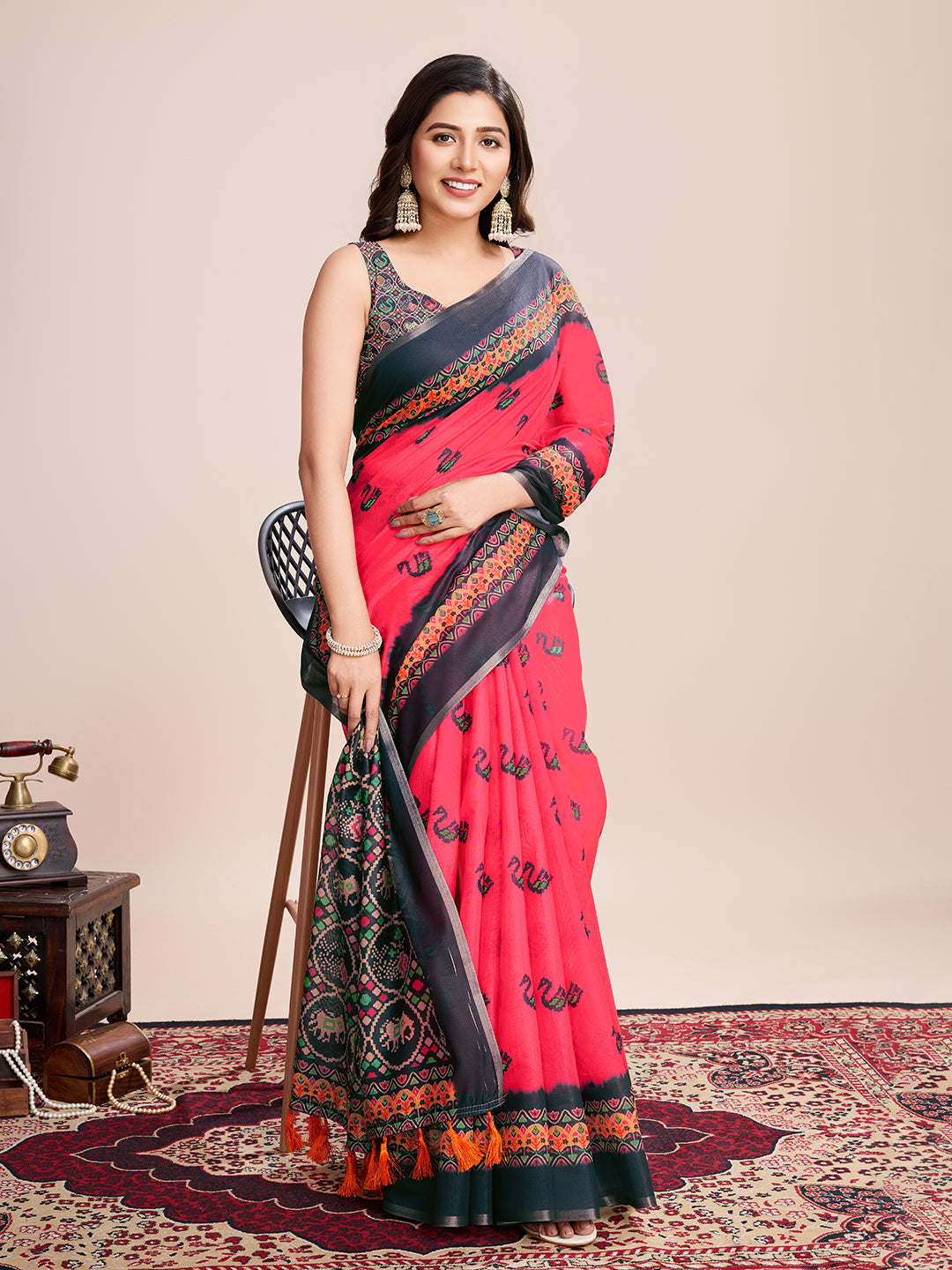 Vedant Vastram Linen Printed Bollywood Saree - Rani - Distacart