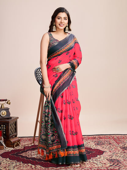 Vedant Vastram Linen Printed Bollywood Saree - Rani - Distacart