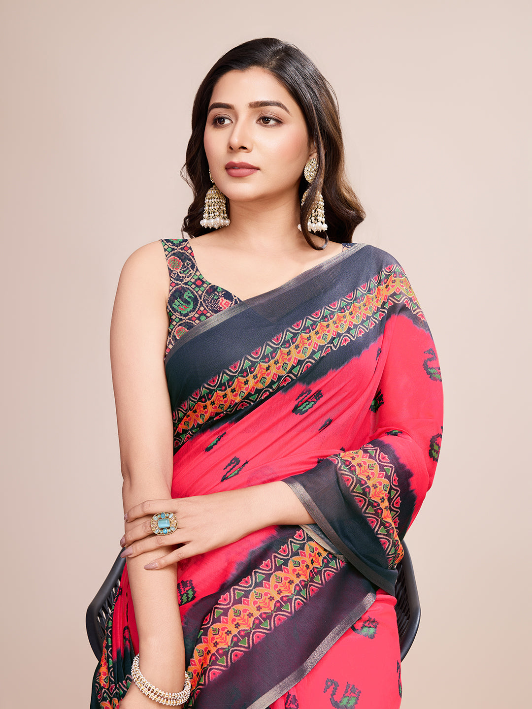 Vedant Vastram Linen Printed Bollywood Saree - Rani - Distacart