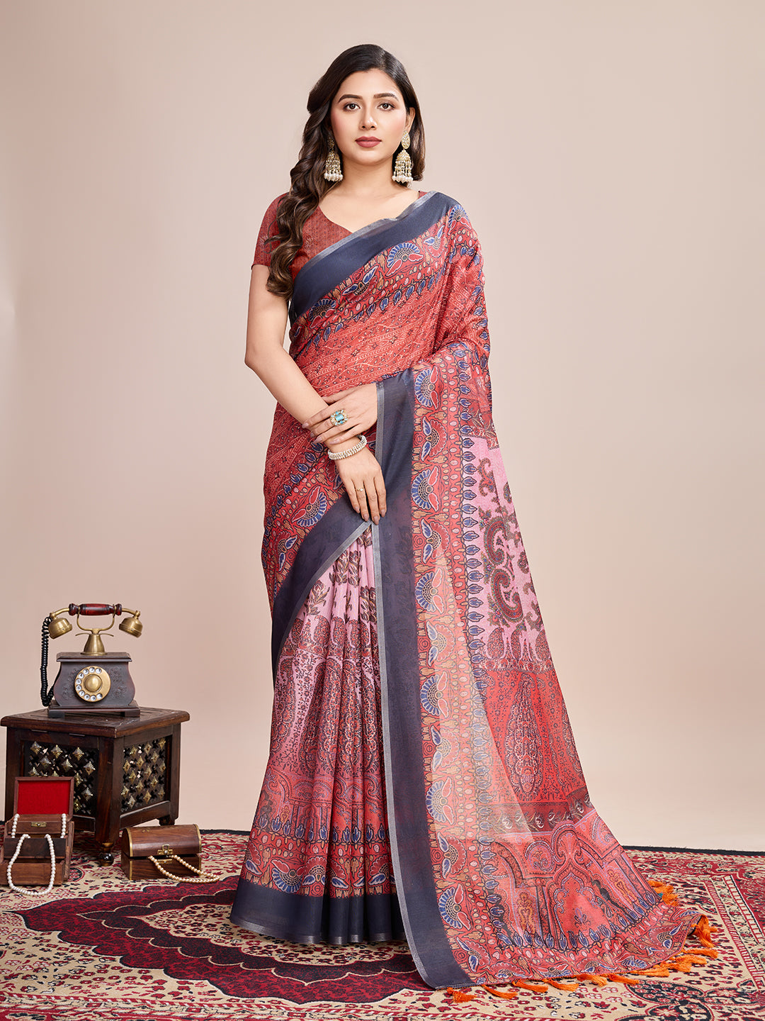 Vedant Vastram Linen Printed Bollywood Saree - Red - Distacart