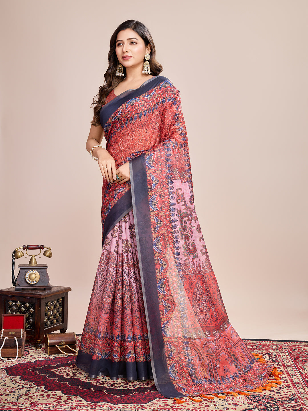 Vedant Vastram Linen Printed Bollywood Saree - Red - Distacart
