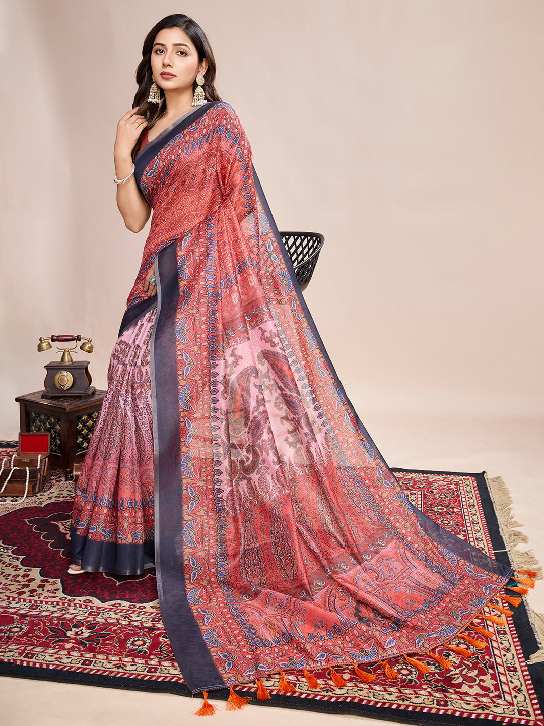 Vedant Vastram Linen Printed Bollywood Saree - Red - Distacart