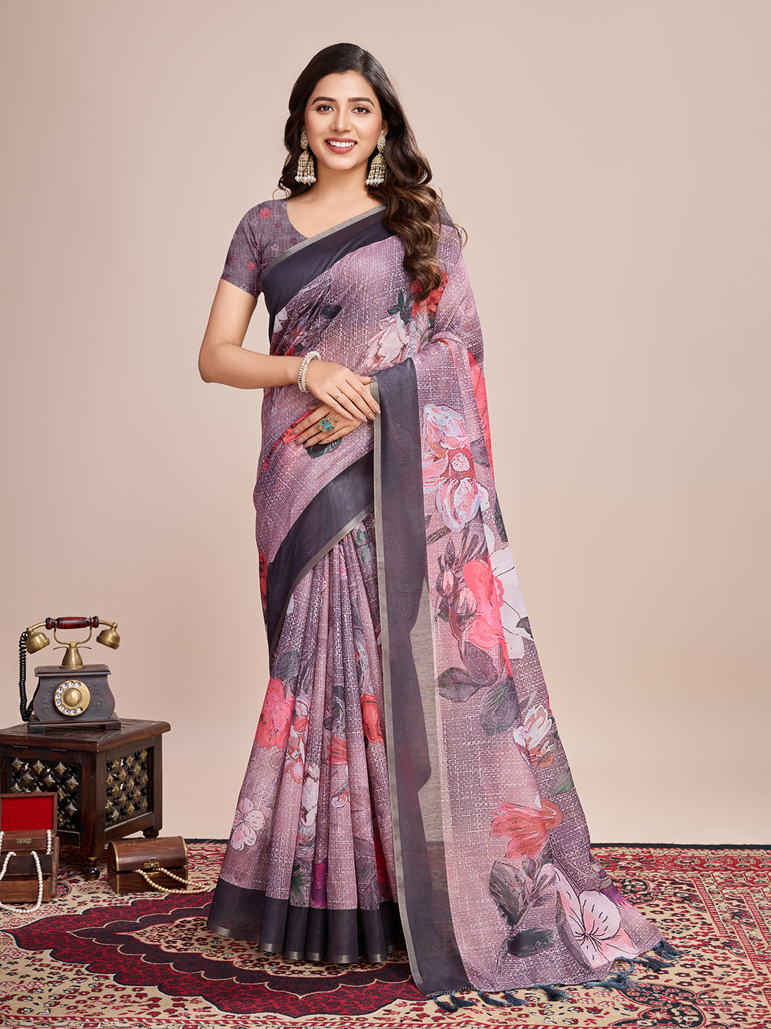 Vedant Vastram Linen Printed Bollywood Saree - Wine - Distacart