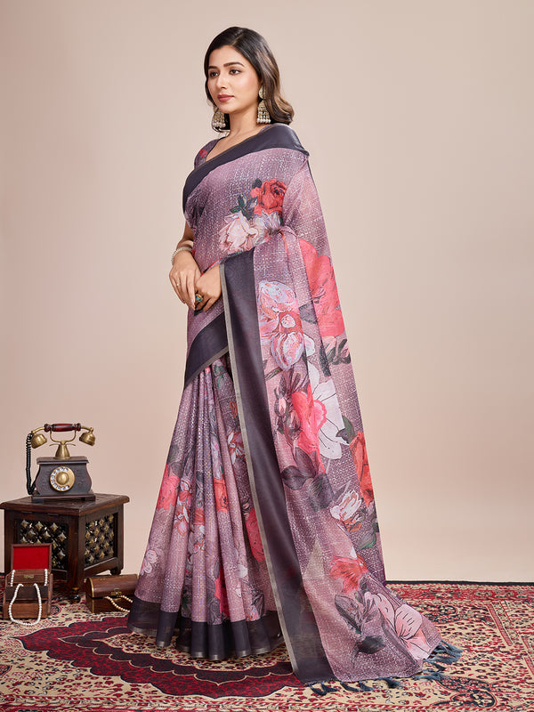 Vedant Vastram Linen Printed Bollywood Saree - Wine - Distacart