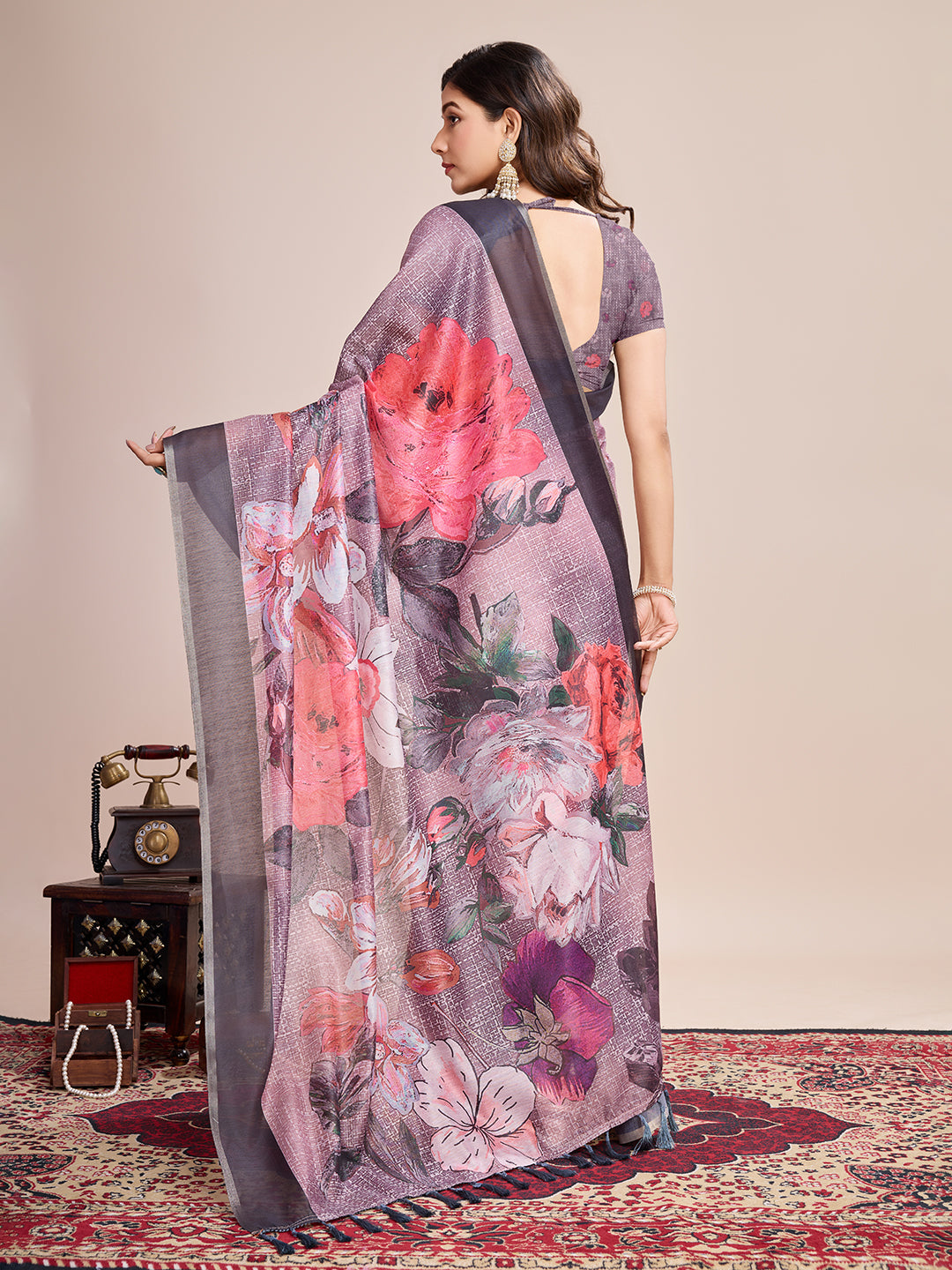 Vedant Vastram Linen Printed Bollywood Saree - Wine - Distacart