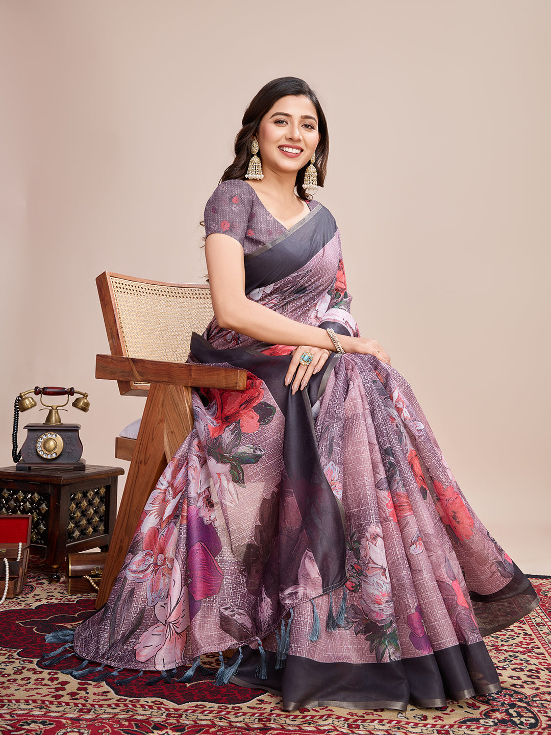 Vedant Vastram Linen Printed Bollywood Saree - Wine - Distacart