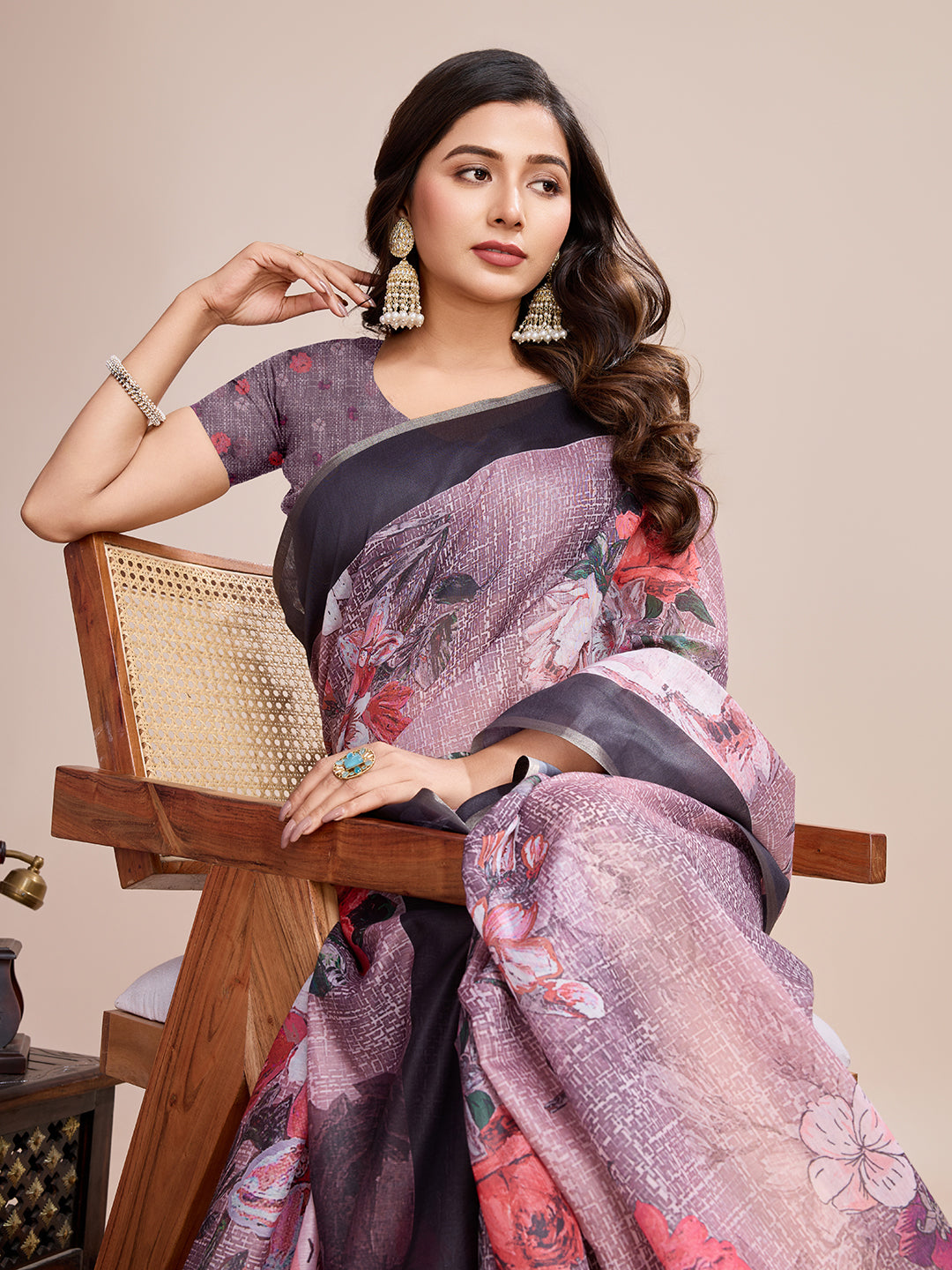 Vedant Vastram Linen Printed Bollywood Saree - Wine - Distacart