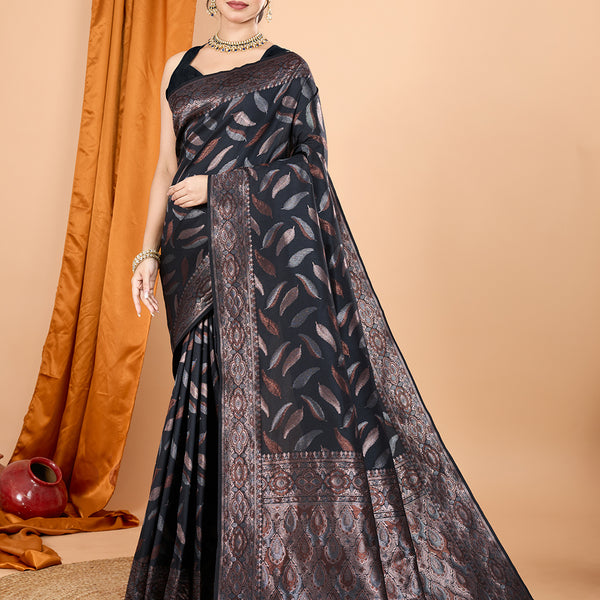 Vedant Vastram Soft Litchi Silk Banarasi Silk Jacquard Saree - Black - Distacart