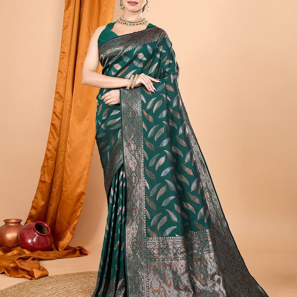 Vedant Vastram Soft Litchi Silk Banarasi Silk Jacquard Saree - Green - Distacart