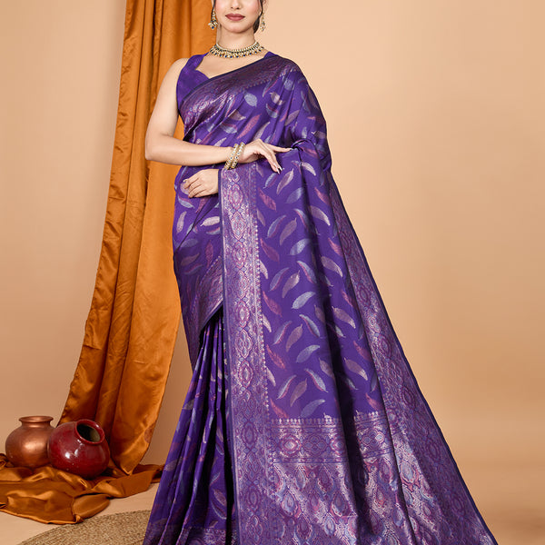 Vedant Vastram Soft Litchi Silk Banarasi Silk Jacquard Saree - Violet - Distacart