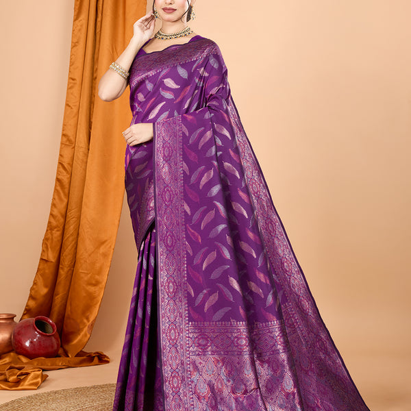 Vedant Vastram Soft Litchi Silk Banarasi Silk Jacquard Saree - Wine - Distacart