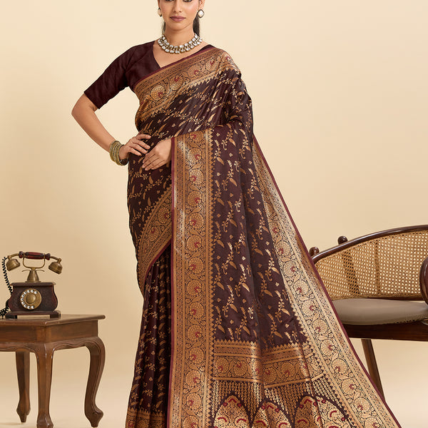 Vedant Vastram Soft Litchi Silk Banarasi Silk Jacquard Saree - Maroon - Distacart
