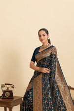 Thumbnail for Vedant Vastram Soft Litchi Silk Banarasi Silk Jacquard Saree - Navy Blue - Distacart