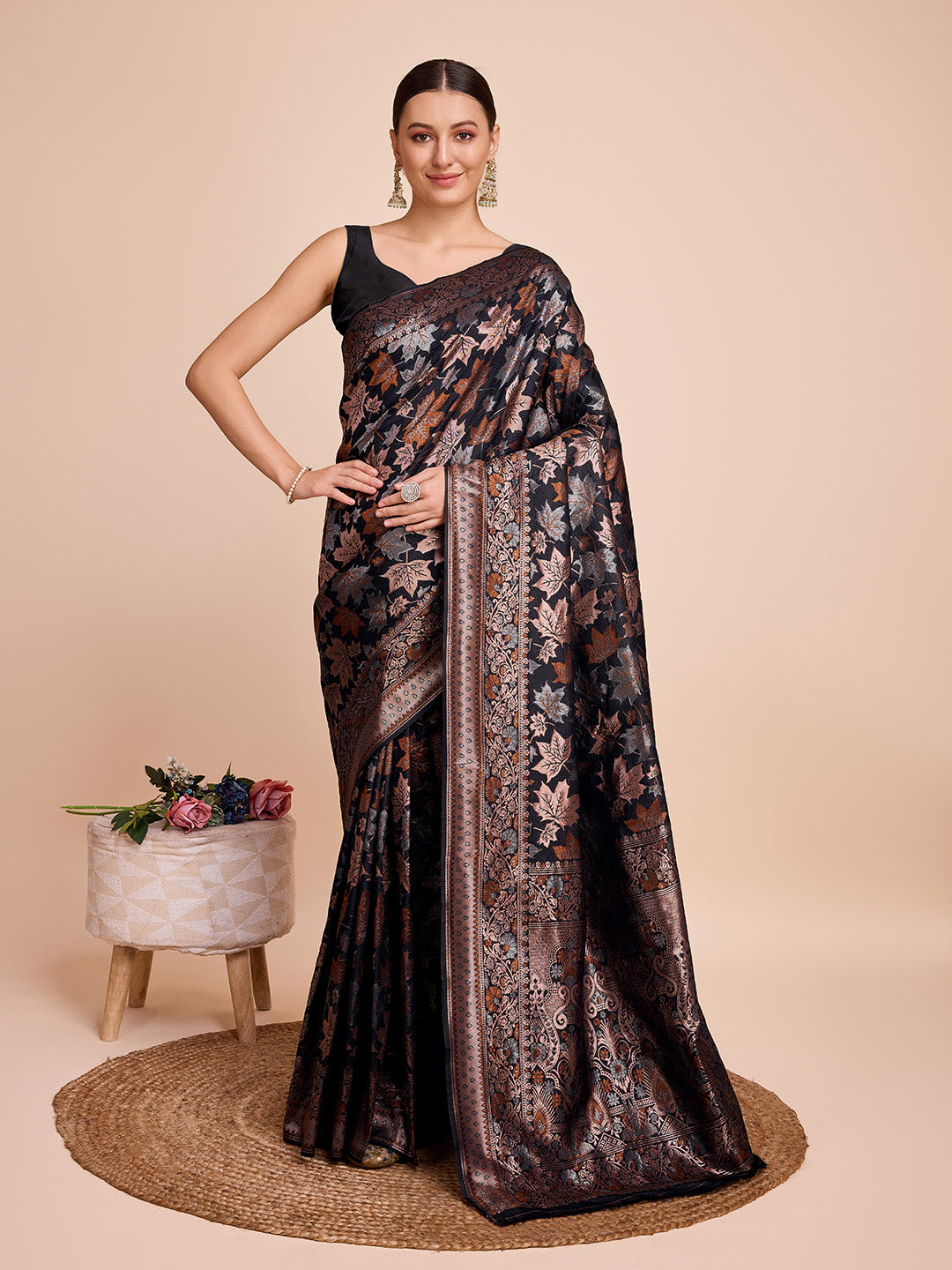 Vedant Vastram Soft Litchi Silk Banarasi Silk Saree - Black - Distacart