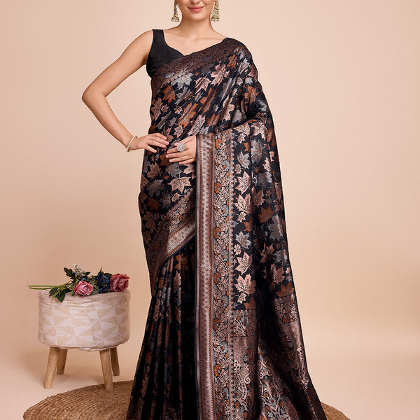 Vedant Vastram Soft Litchi Silk Banarasi Silk Saree - Black - Distacart
