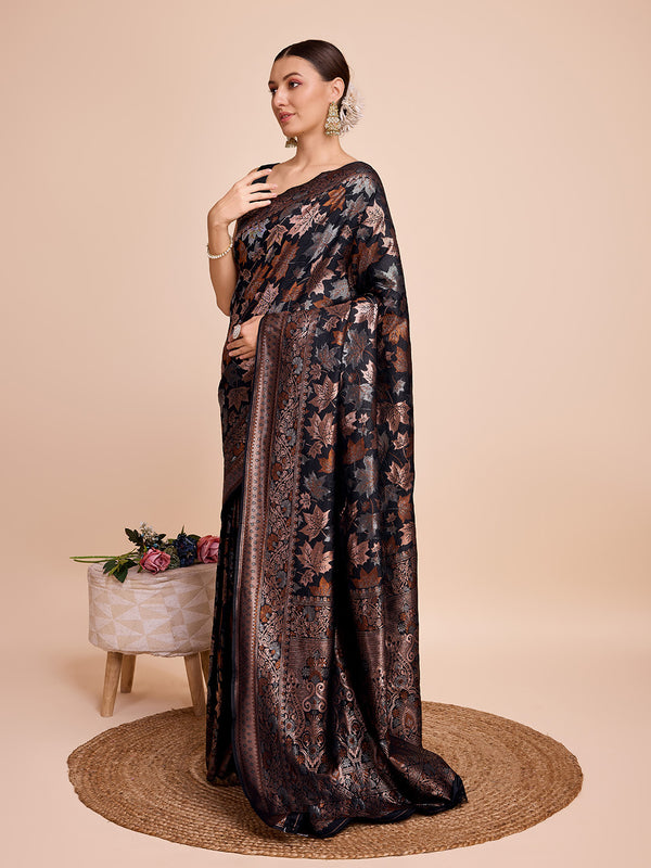 Vedant Vastram Soft Litchi Silk Banarasi Silk Saree - Black - Distacart