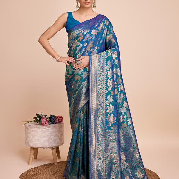 Vedant Vastram Soft Litchi Silk Banarasi Silk Saree - Firozi - Distacart