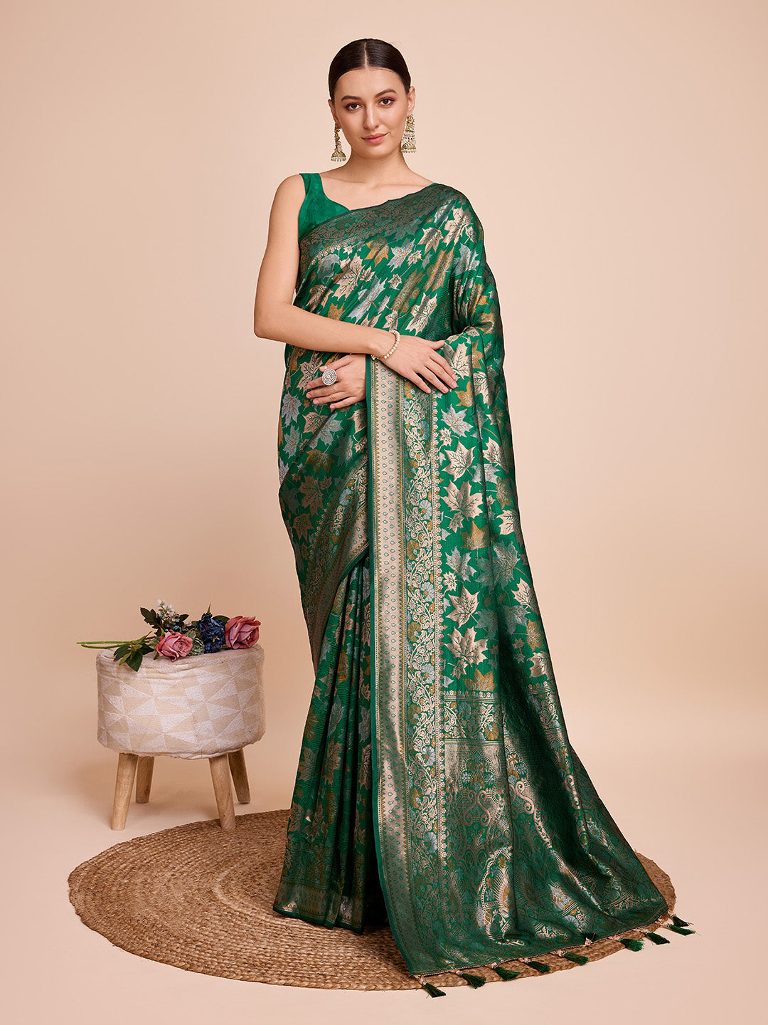 Vedant Vastram Soft Litchi Silk Banarasi Silk Saree - Green - Distacart