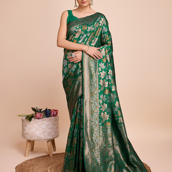 Vedant Vastram Soft Litchi Silk Banarasi Silk Saree - Green - Distacart