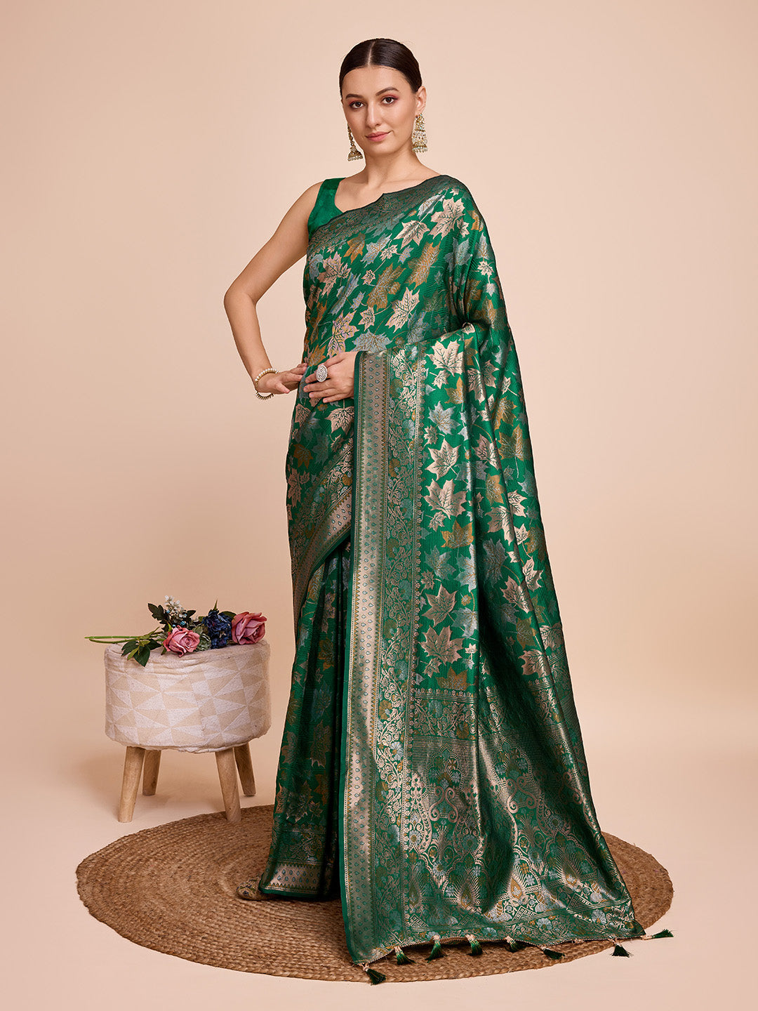 Vedant Vastram Soft Litchi Silk Banarasi Silk Saree - Green - Distacart