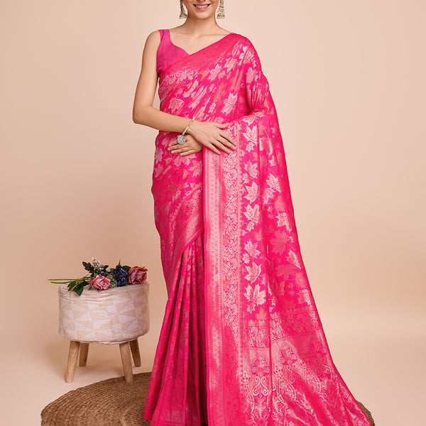 Vedant Vastram Soft Litchi Silk Banarasi Silk Saree - Magenta - Distacart