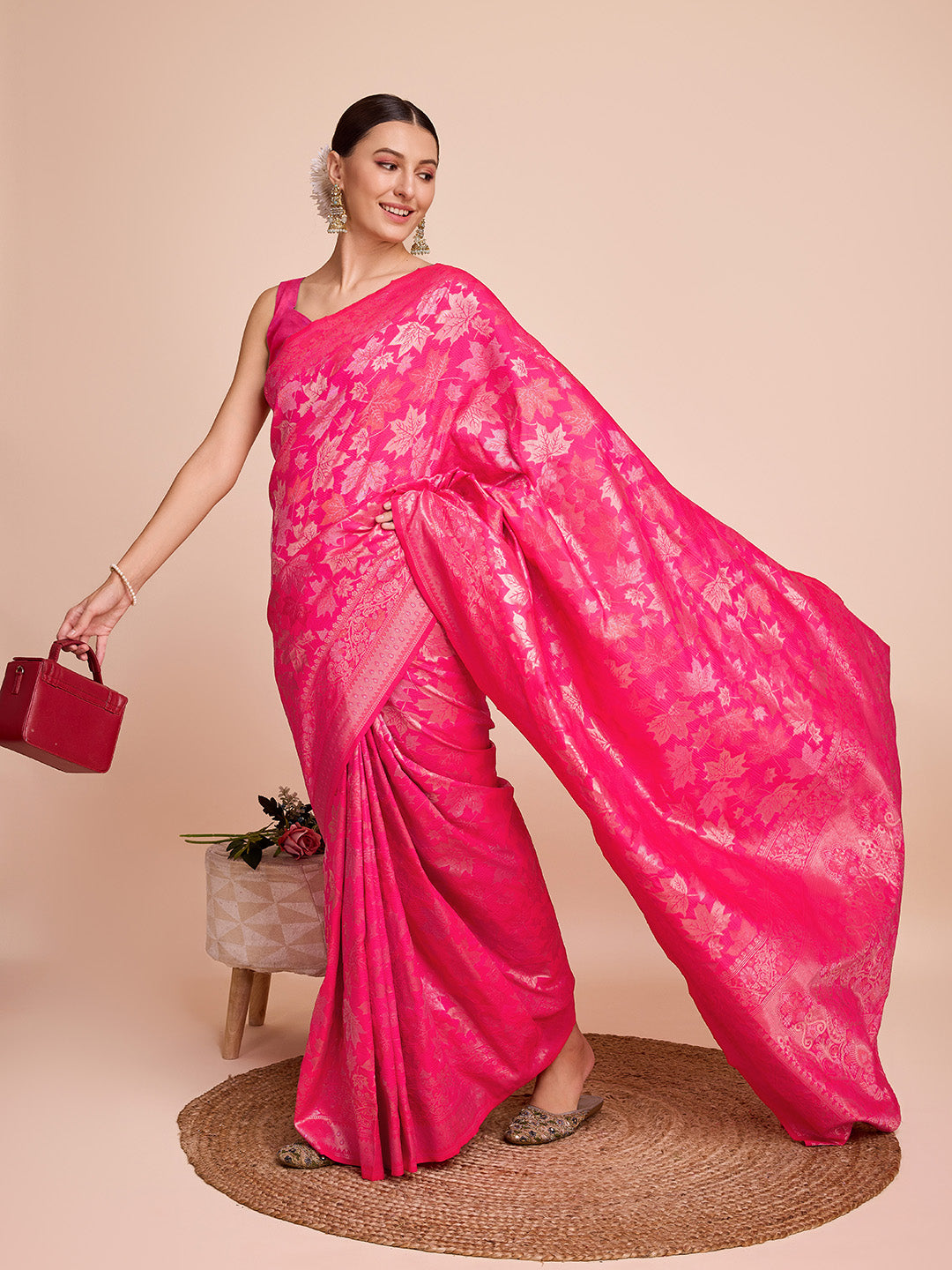Vedant Vastram Soft Litchi Silk Banarasi Silk Saree - Magenta - Distacart