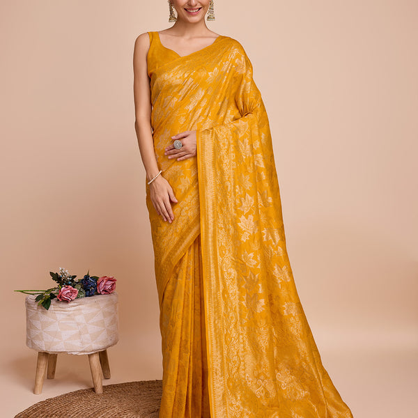 Vedant Vastram Soft Litchi Silk Banarasi Silk Saree - Mustard - Distacart