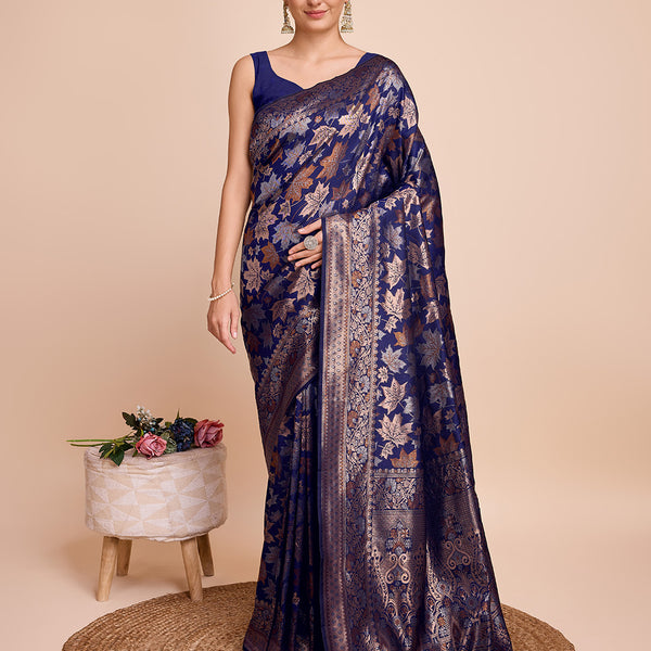 Vedant Vastram Soft Litchi Silk Banarasi Silk Saree - Navy - Distacart