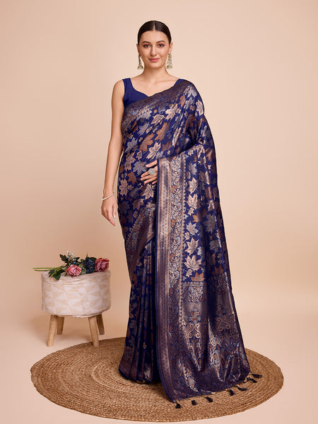 Vedant Vastram Soft Litchi Silk Banarasi Silk Saree - Navy - Distacart