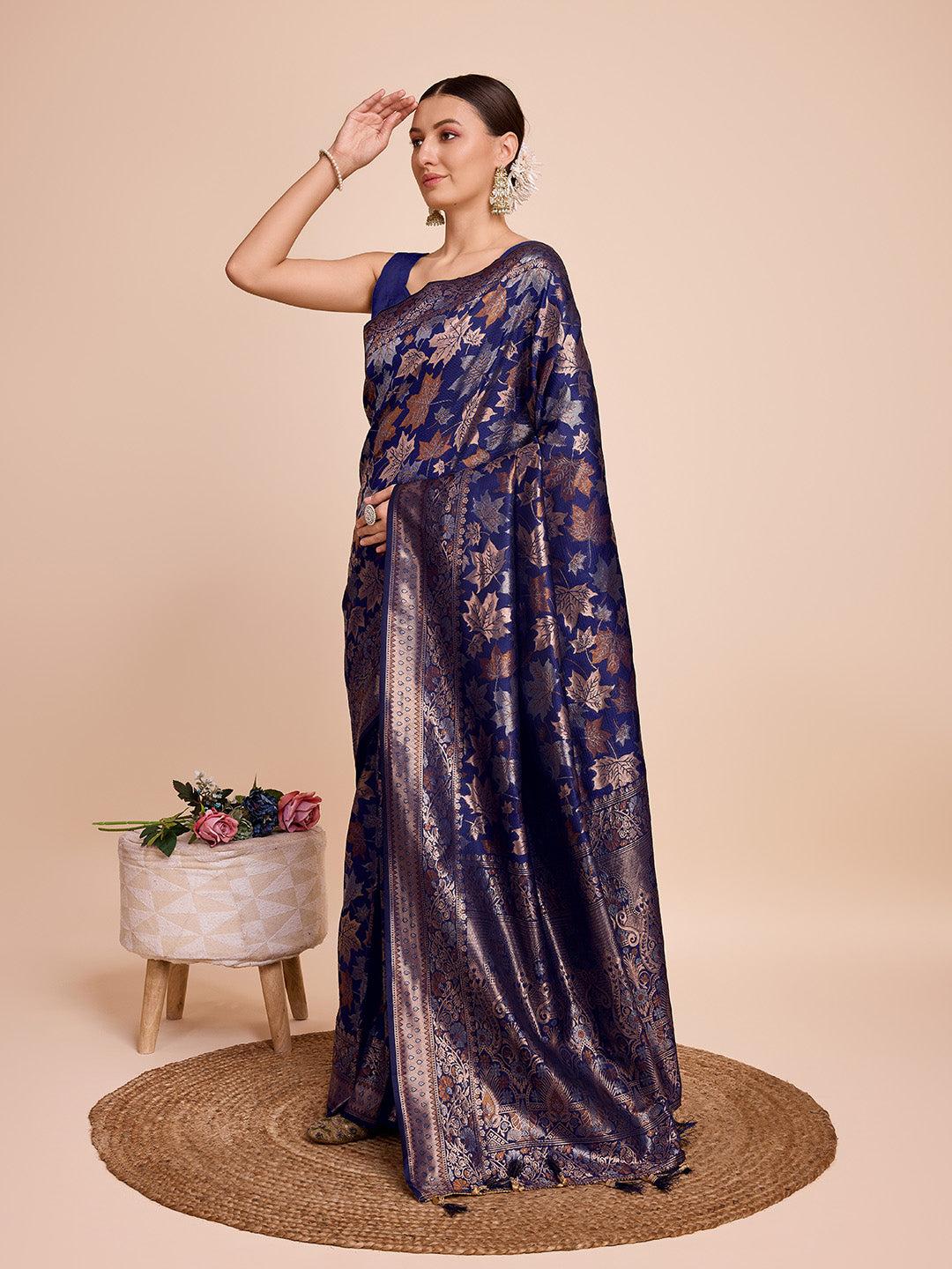 Vedant Vastram Soft Litchi Silk Banarasi Silk Saree - Navy - Distacart