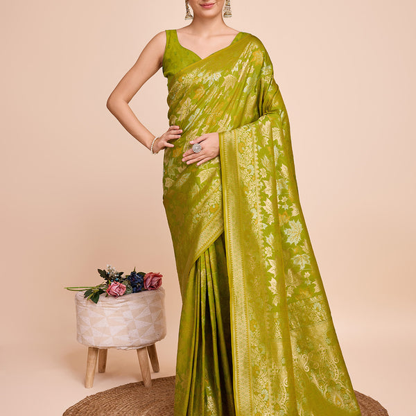 Vedant Vastram Soft Litchi Silk Banarasi Silk Saree - Olive - Distacart