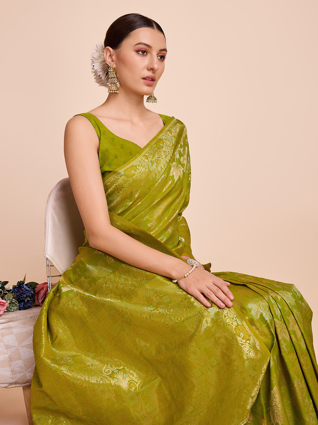 Vedant Vastram Soft Litchi Silk Banarasi Silk Saree - Olive - Distacart