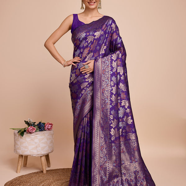 Vedant Vastram Soft Litchi Silk Banarasi Silk Saree - Violet - Distacart
