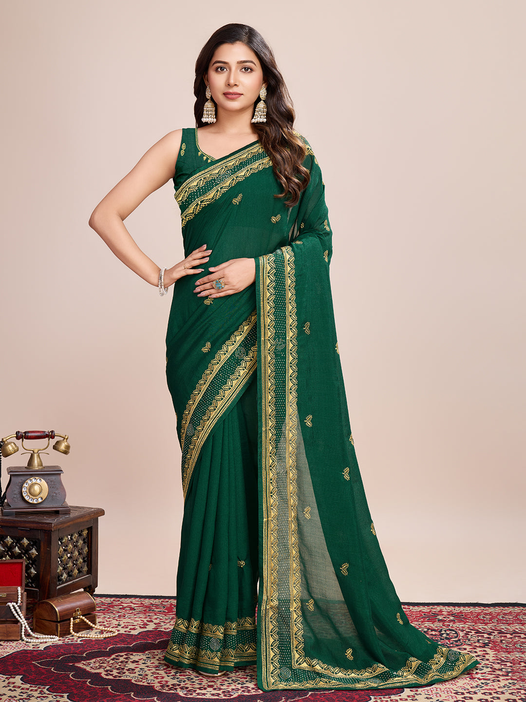 Vedant Vastram Vichitra Silk Embroidered Work Saree - Green - Distacart