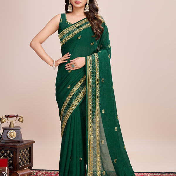 Vedant Vastram Vichitra Silk Embroidered Work Saree - Green - Distacart