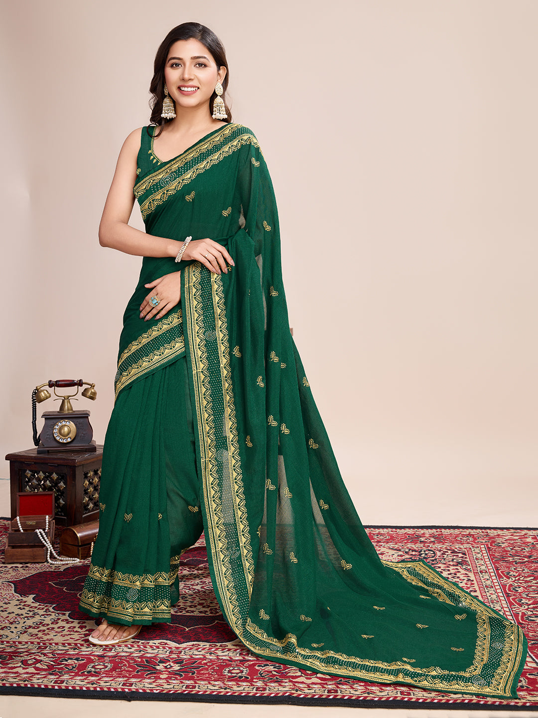 Vedant Vastram Vichitra Silk Embroidered Work Saree - Green - Distacart