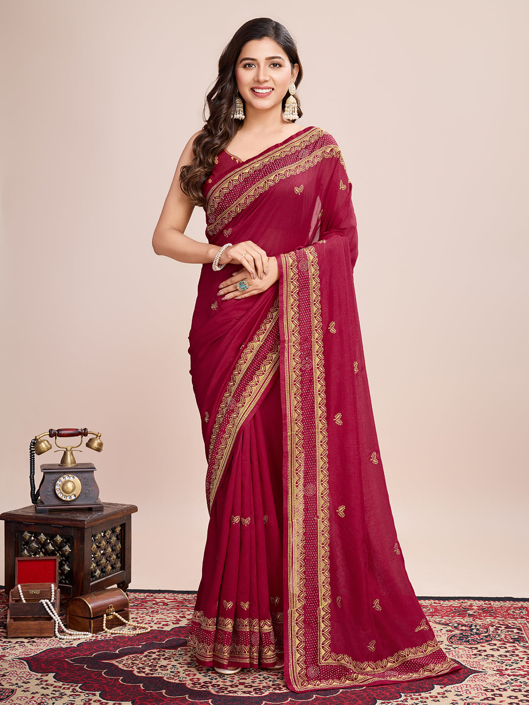 Vedant Vastram Vichitra Silk Embroidered Work Saree - Maroon - Distacart