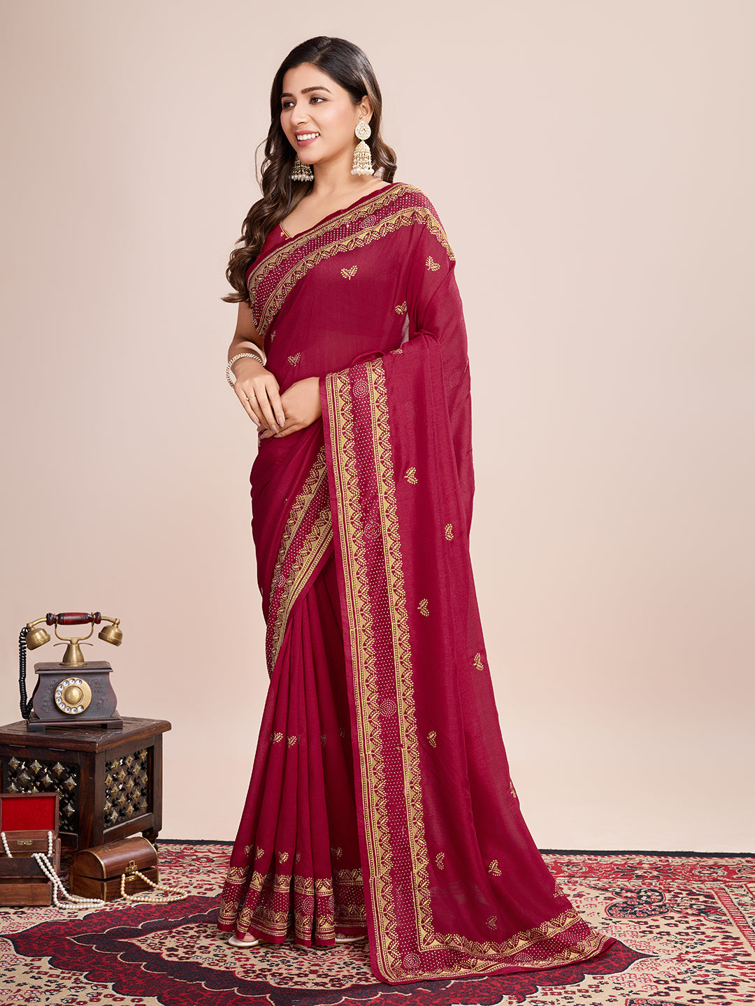 Vedant Vastram Vichitra Silk Embroidered Work Saree - Maroon - Distacart