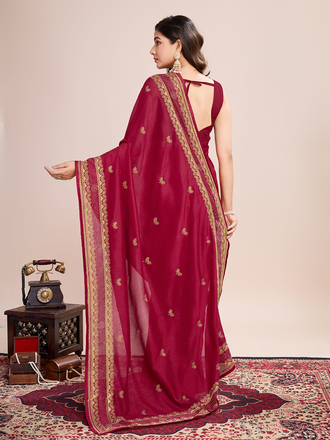 Vedant Vastram Vichitra Silk Embroidered Work Saree - Maroon - Distacart